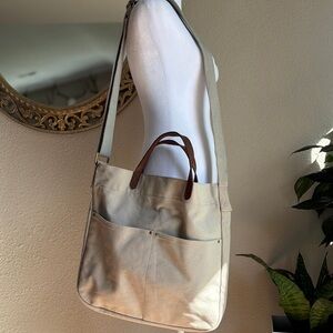 Cream canvas crossbody Tote bag with Genuine Leather Trim and pockets